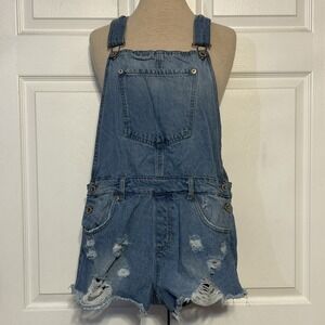 Highway Shortalls Womens L Blue Distressed Overalls Shorts‎ Jean Denim Size L